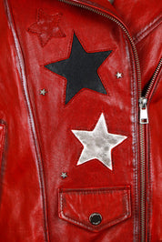 Red Star Patch Leather Moto Jacket