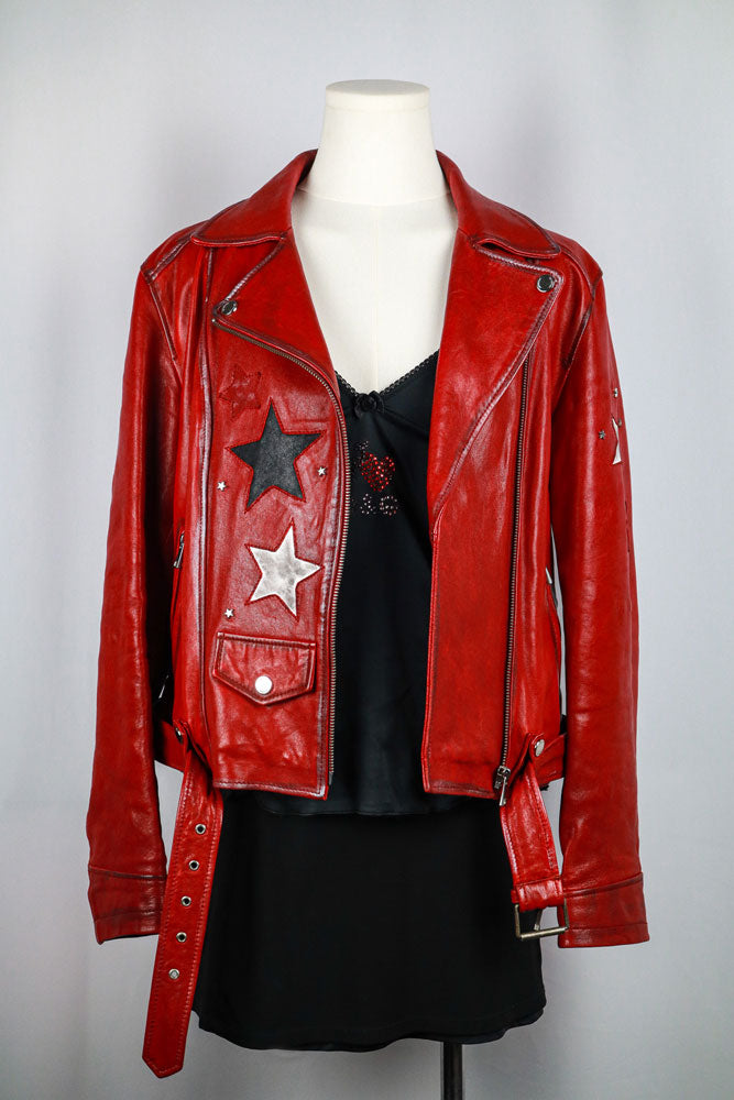 Red Star Patch Leather Moto Jacket