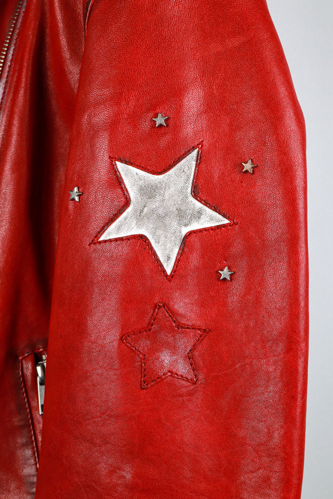 Red Star Patch Leather Moto Jacket