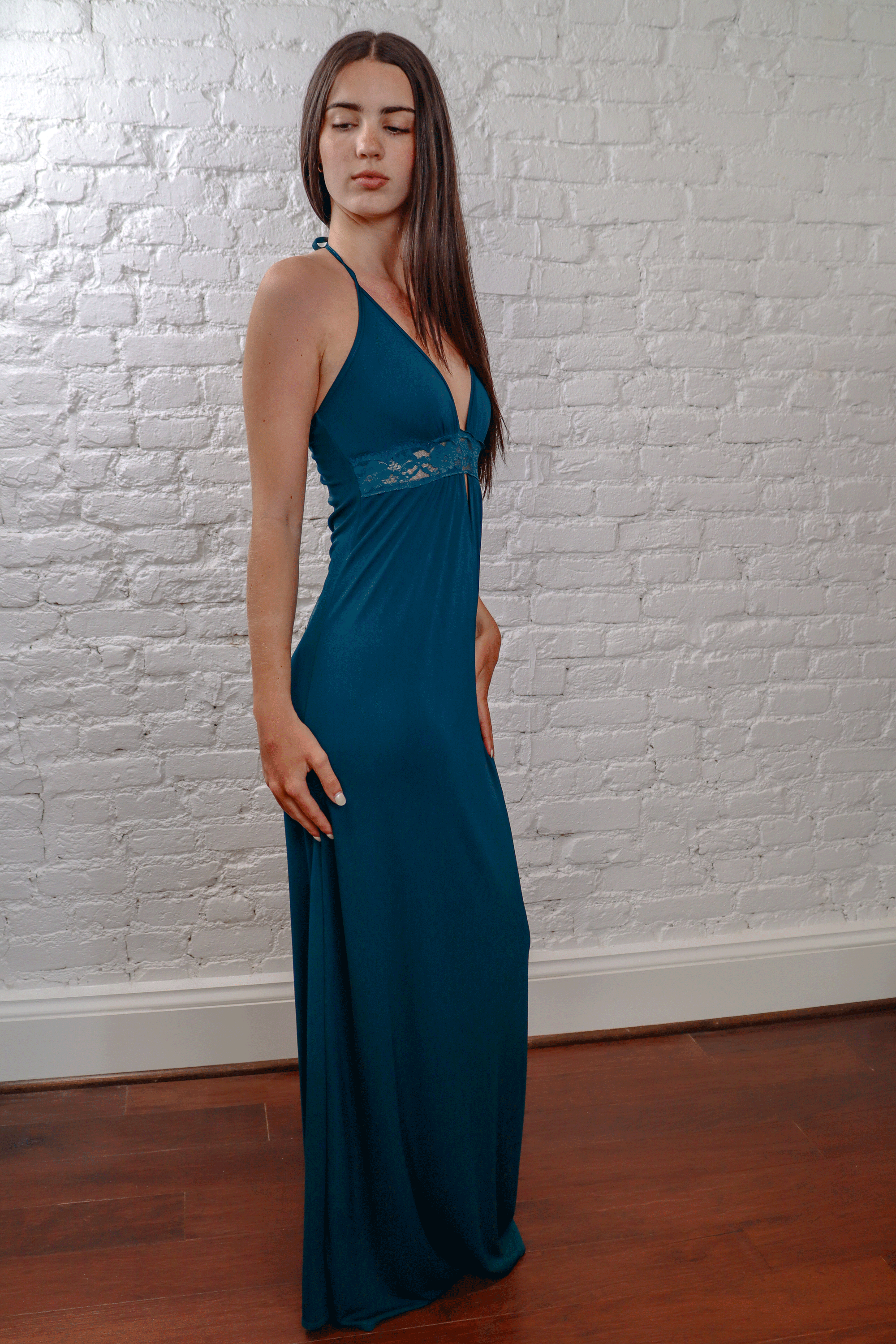 Enzo Loco Teal Lace Halter Gown