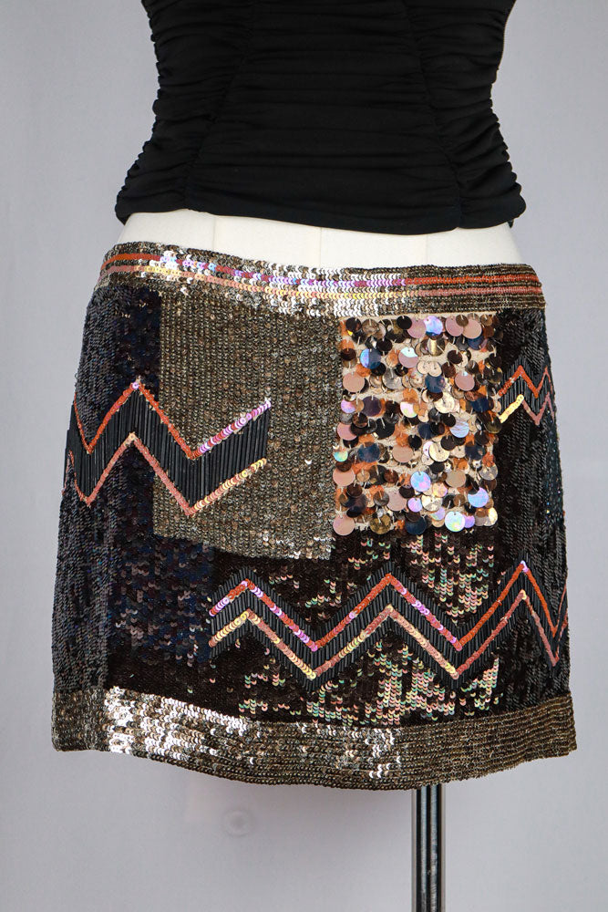 AllSaints 2010s Metallic Sequin Patch Mini Skirt