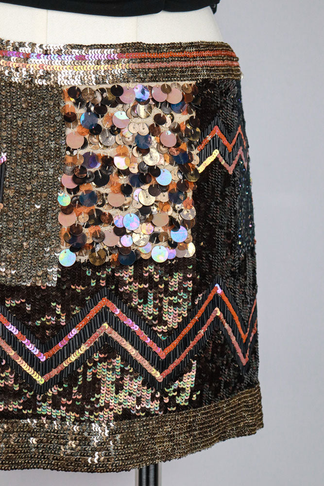 AllSaints 2010s Metallic Sequin Patch Mini Skirt