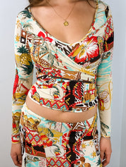 Blumarine SS 2005 Africa Print Wrap Top & Skirt Set - M/L
