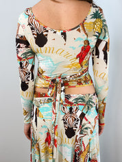 Blumarine SS 2005 Africa Print Wrap Top & Skirt Set - M/L