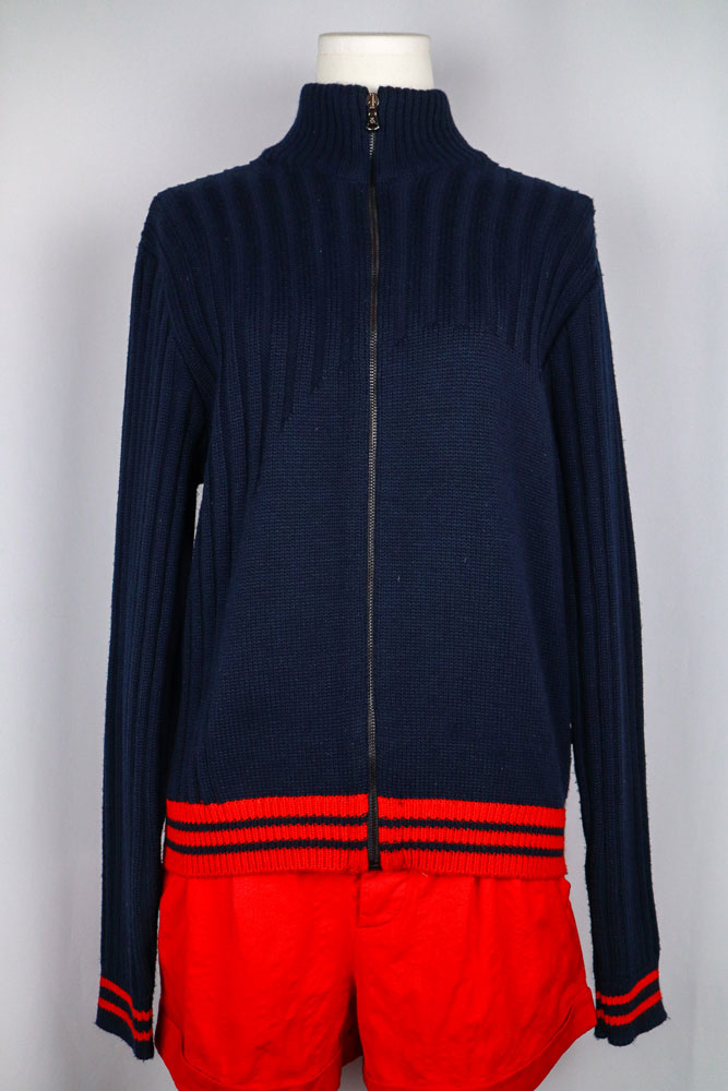 Dolce & Gabbana Navy Wool Ribbed Sweater with Red Trim