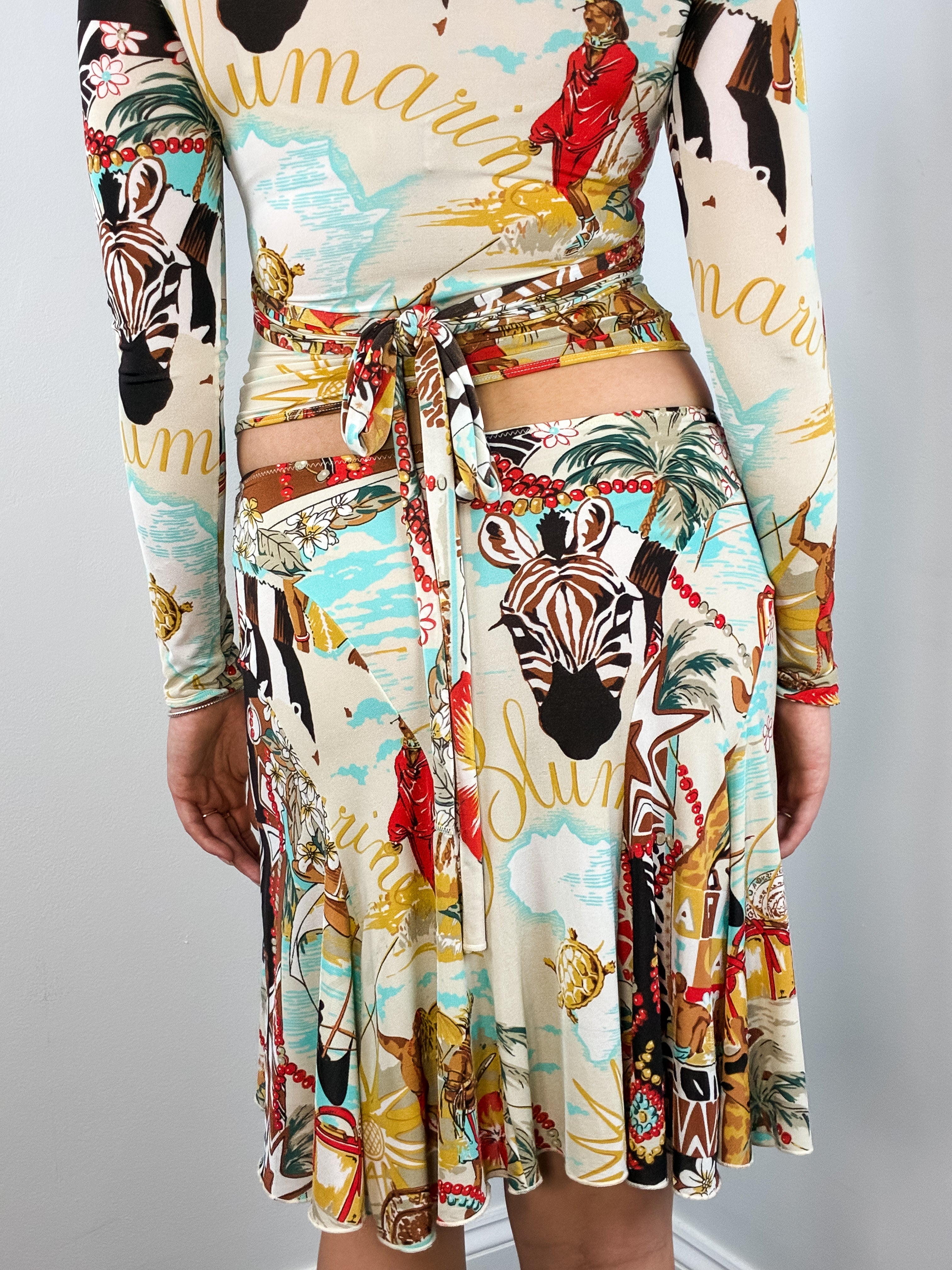Blumarine SS 2005 Africa Print Wrap Top & Skirt Set - M/L