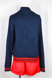 Dolce & Gabbana Navy Wool Ribbed Sweater with Red Trim