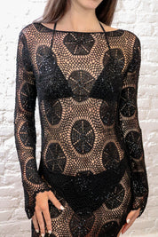 Nougat London Crochet Flare Sleeve Asymmetric Dress Black