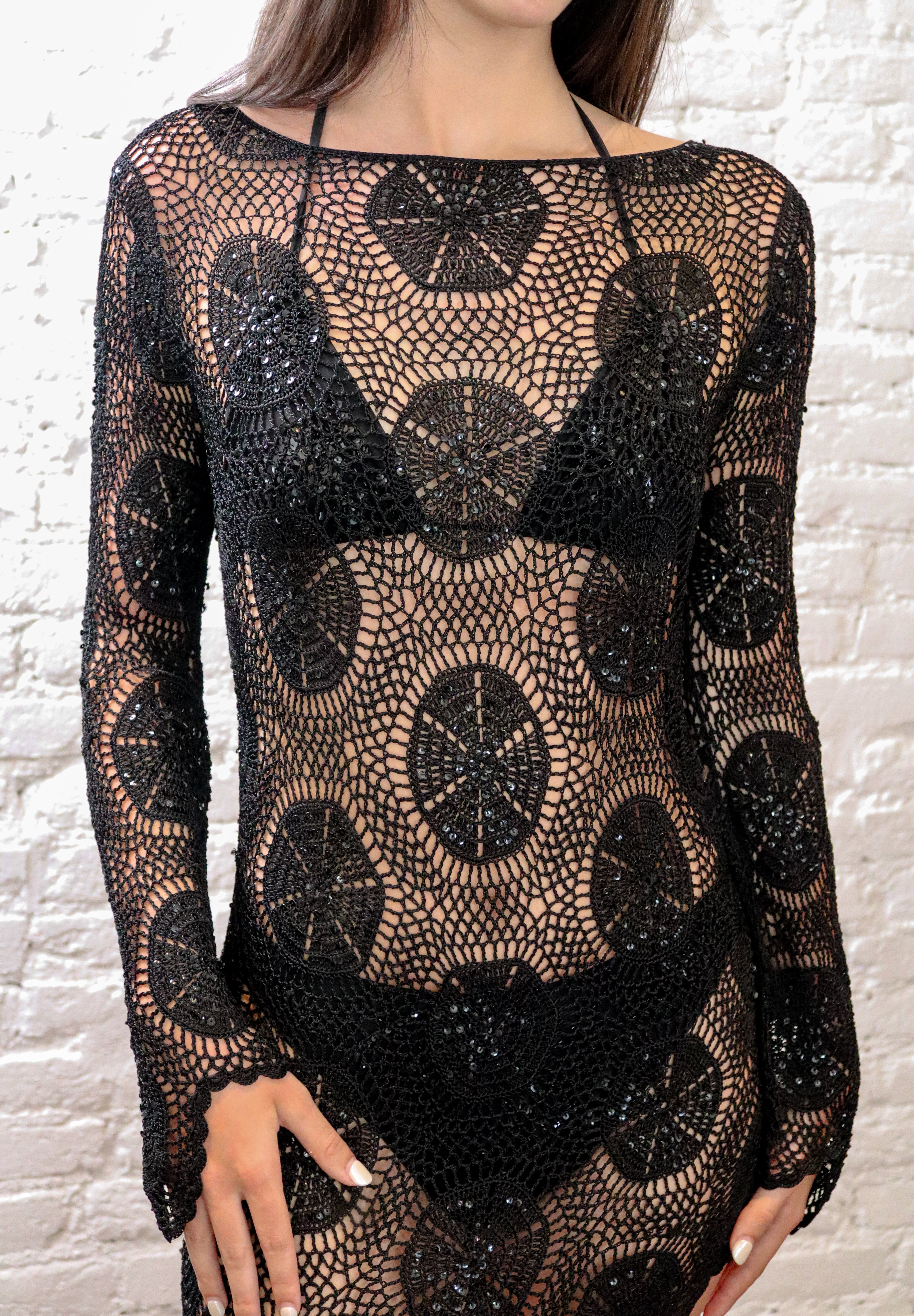 Nougat London Crochet Flare Sleeve Asymmetric Dress Black