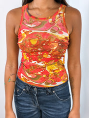Jean Paul Gaultier JPG Jean's 2000s Orange Abstract Print Mesh Tank Top - S/M