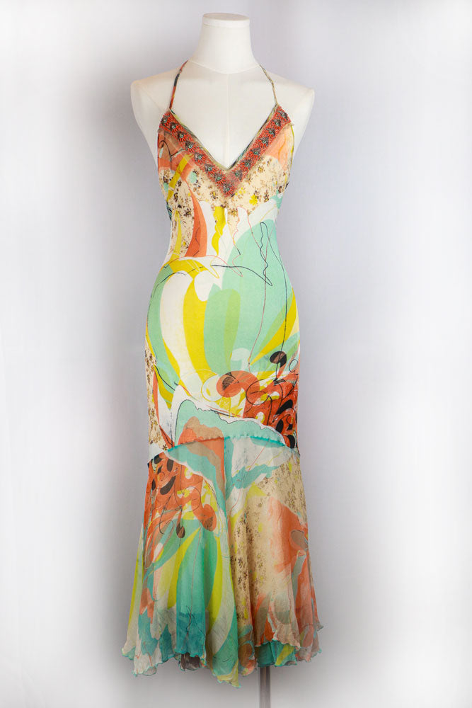 Roberto Cavalli 2000s Multicolor Abstract Silk Maxi Dress