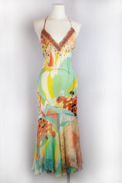 Roberto Cavalli 2000s Multicolor Abstract Silk Maxi Dress