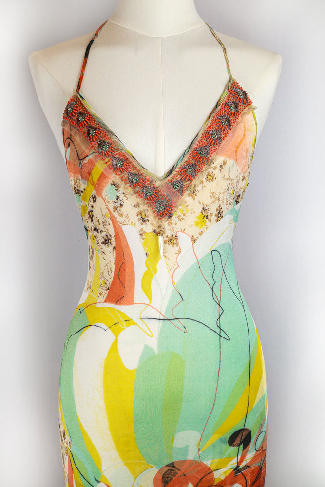 Roberto Cavalli 2000s Multicolor Abstract Silk Maxi Dress