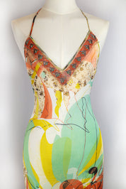 Roberto Cavalli 2000s Multicolor Abstract Silk Maxi Dress