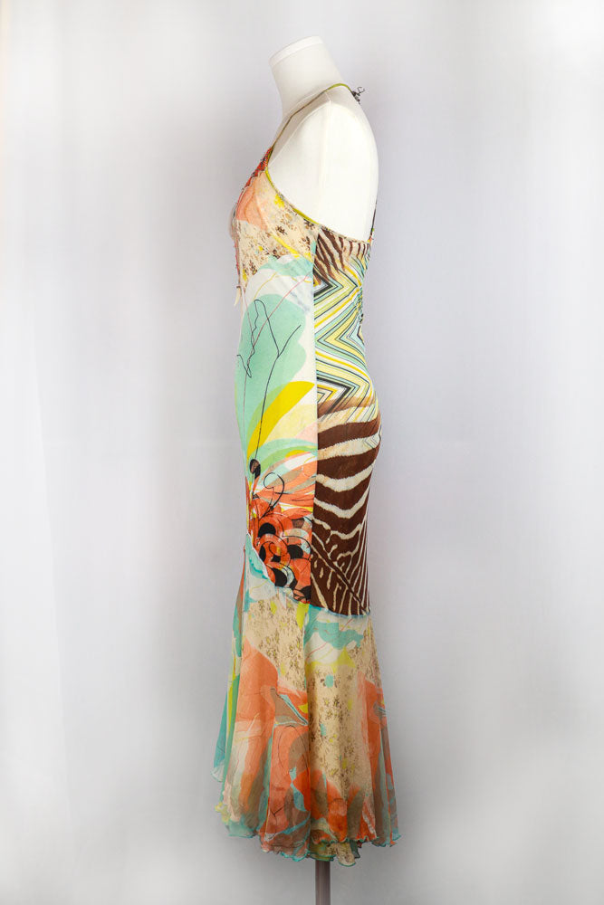 Roberto Cavalli 2000s Multicolor Abstract Silk Maxi Dress
