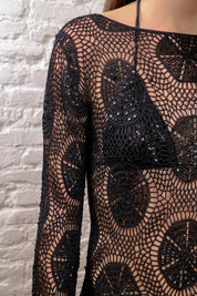Nougat London Crochet Flare Sleeve Asymmetric Dress Black