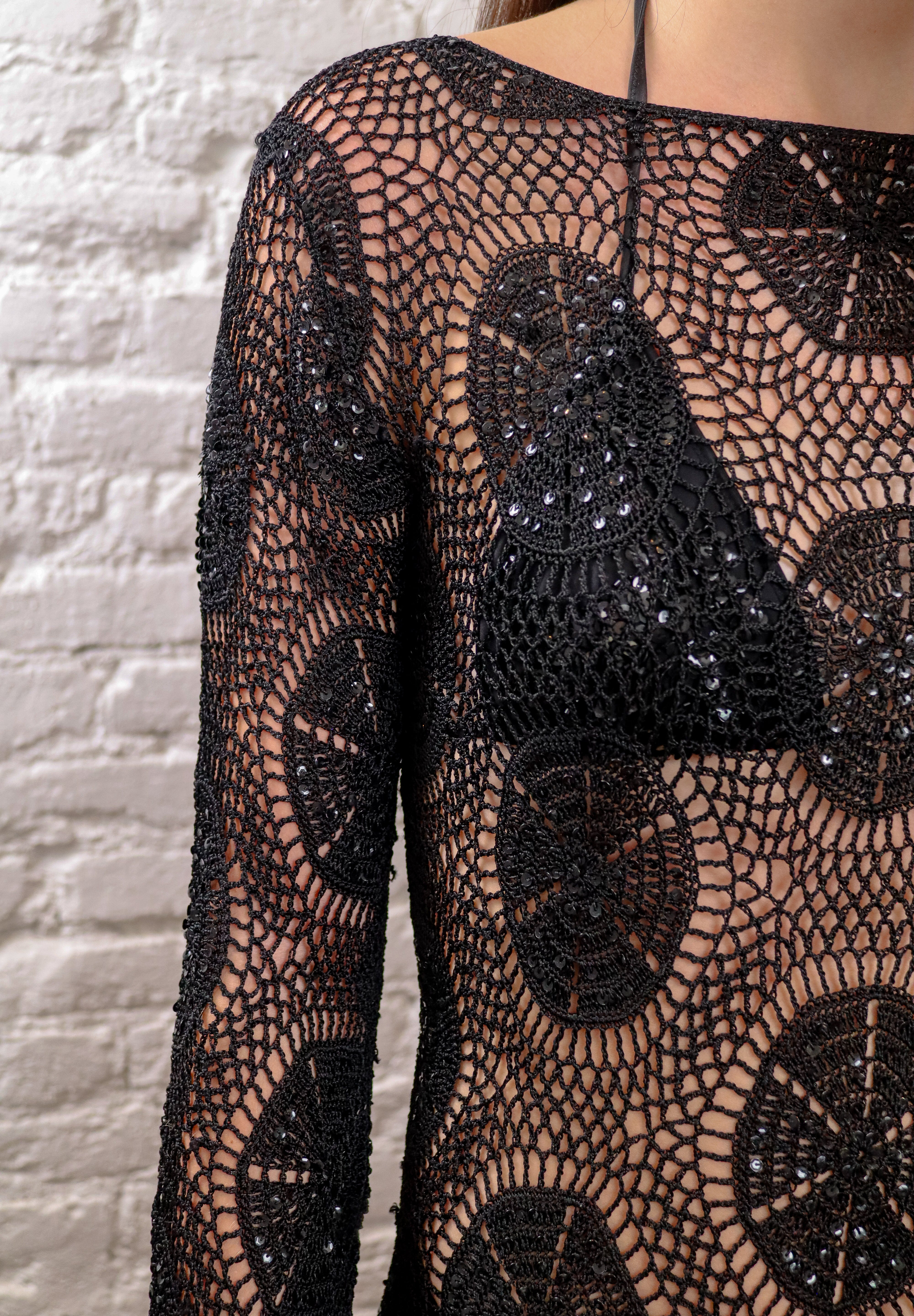 Nougat London Crochet Flare Sleeve Asymmetric Dress Black
