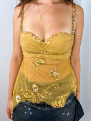2000s Gold Beaded Ruched Mesh Camisole - S/M