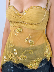 2000s Gold Beaded Ruched Mesh Camisole - S/M