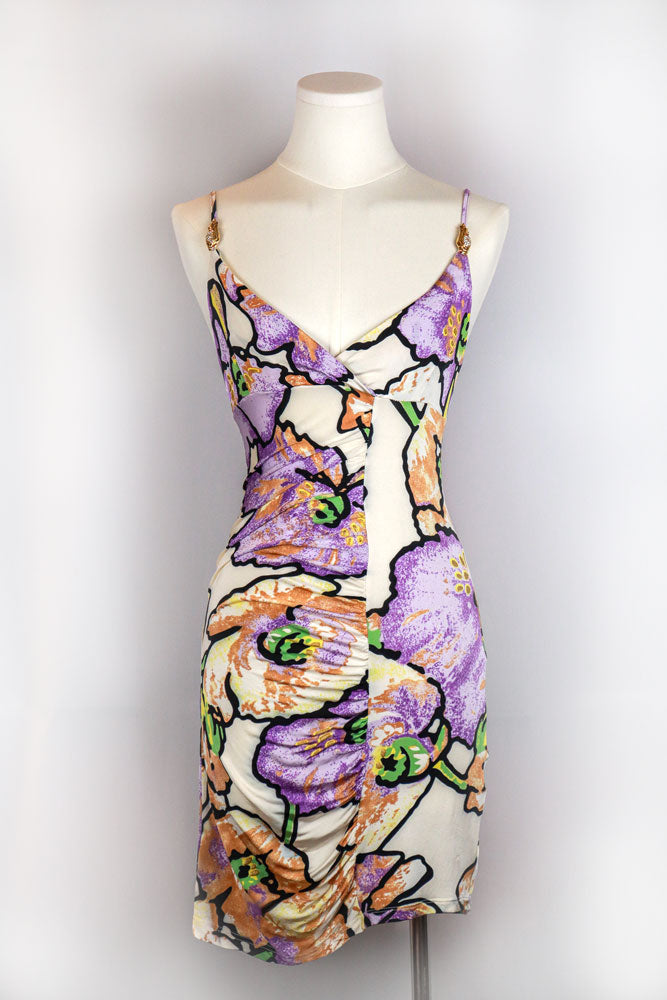Roberto Cavalli 2000s Purple and White Floral Ruched Mini Dress