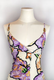 Roberto Cavalli 2000s Purple and White Floral Ruched Mini Dress