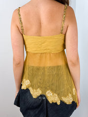 2000s Gold Beaded Ruched Mesh Camisole - S/M