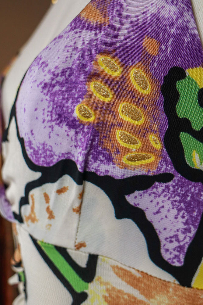 Roberto Cavalli 2000s Purple and White Floral Ruched Mini Dress