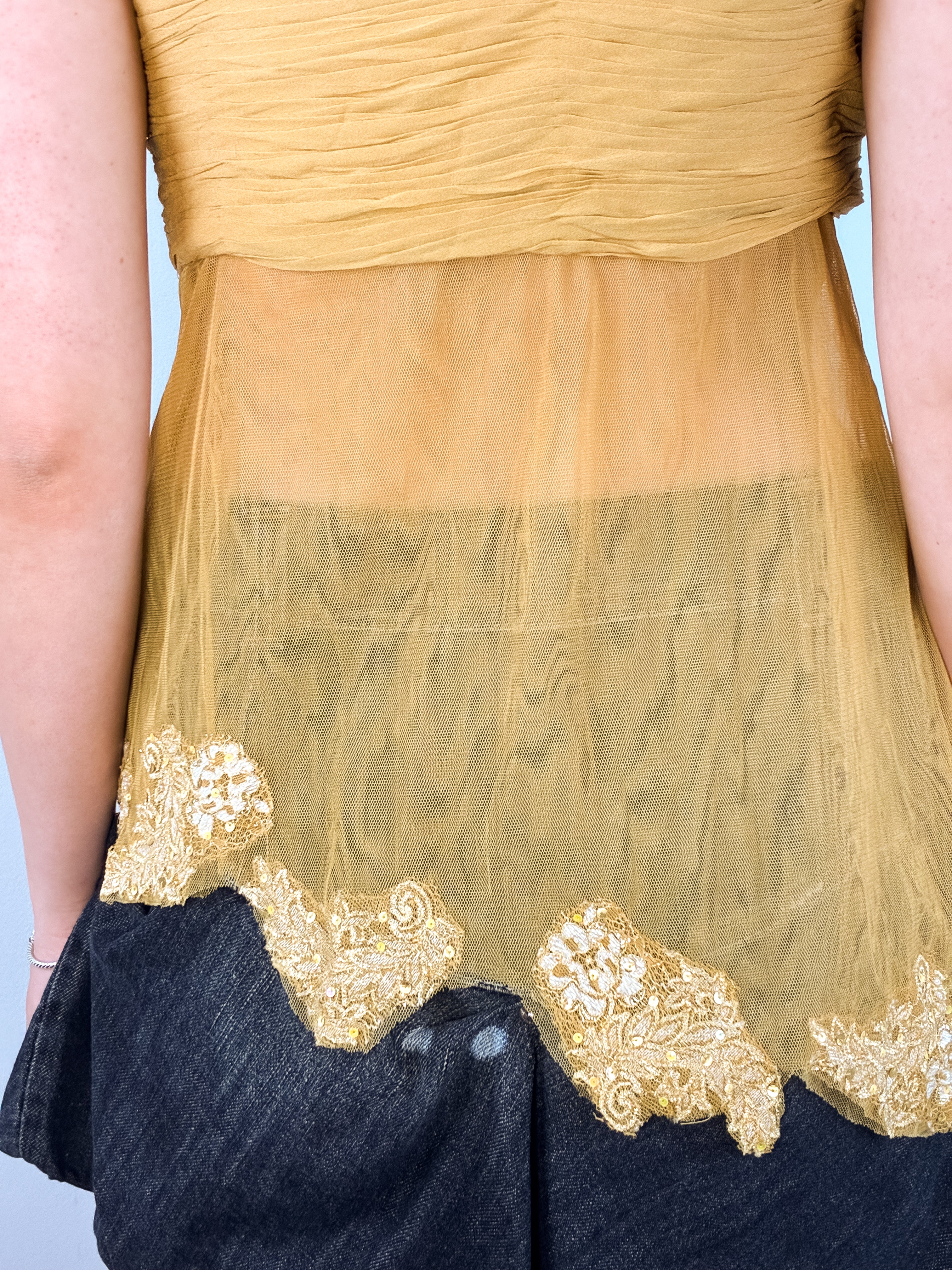 2000s Gold Beaded Ruched Mesh Camisole - S/M