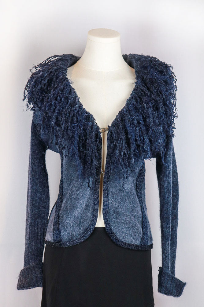 2000s Navy Merino Wool & Mohair Jacket with Fur Curly Collar