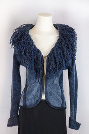 2000s Navy Merino Wool & Mohair Jacket with Fur Curly Collar