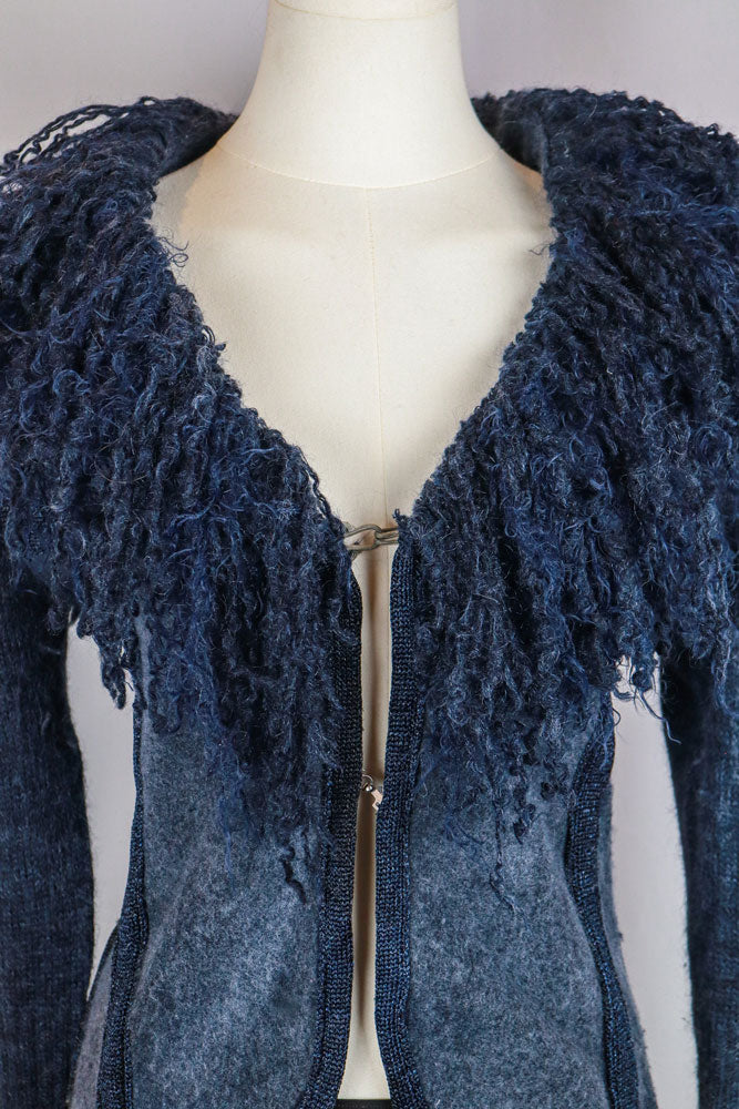 2000s Navy Merino Wool & Mohair Jacket with Fur Curly Collar