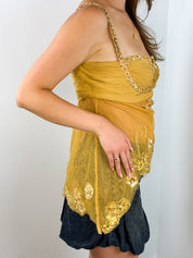 2000s Gold Beaded Ruched Mesh Camisole - S/M
