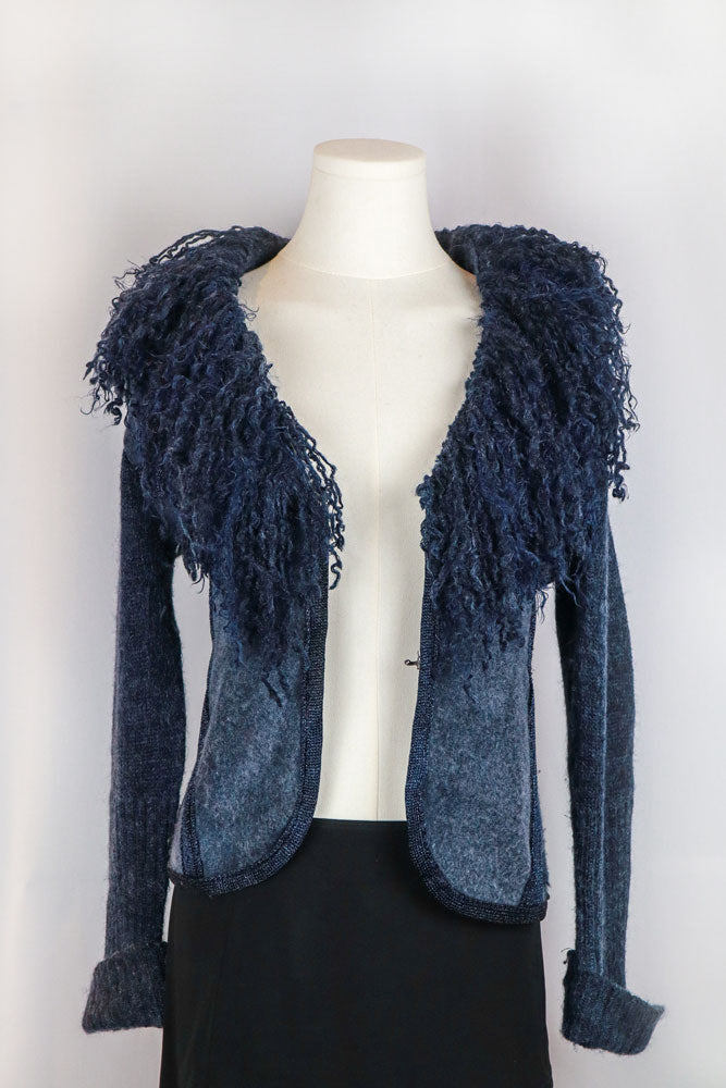 2000s Navy Merino Wool & Mohair Jacket with Fur Curly Collar