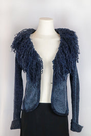 2000s Navy Merino Wool & Mohair Jacket with Fur Curly Collar