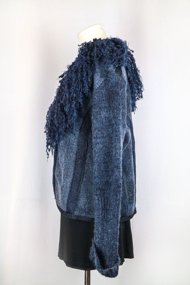 2000s Navy Merino Wool & Mohair Jacket with Fur Curly Collar