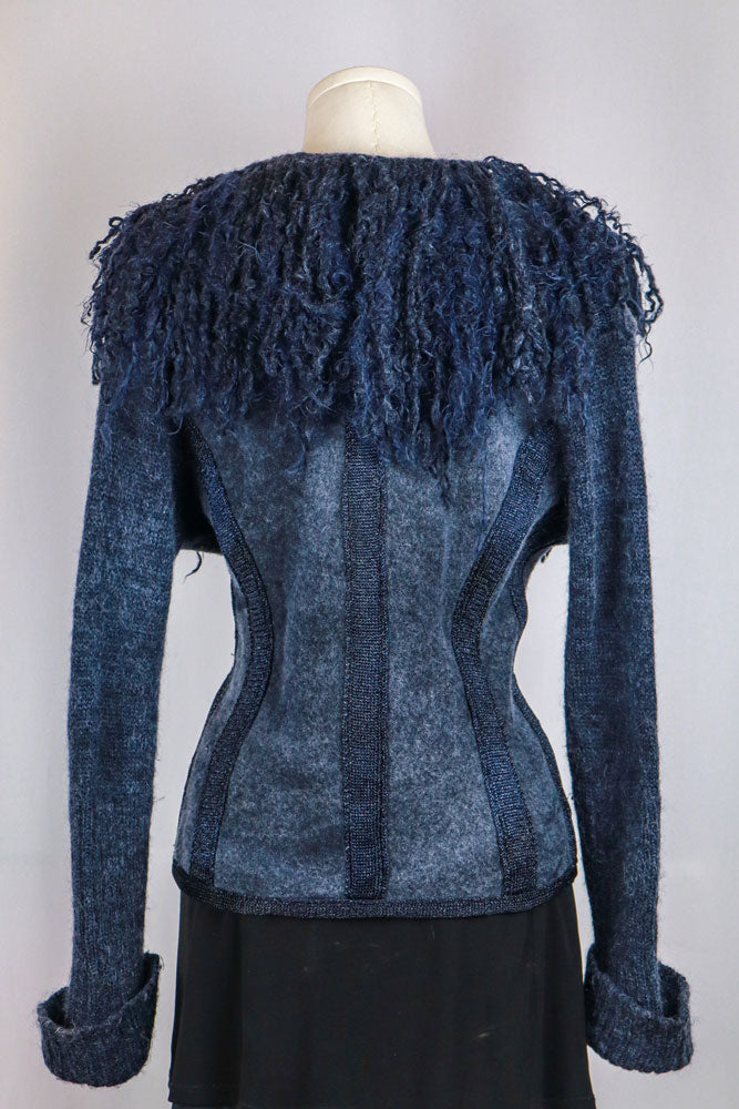 2000s Navy Merino Wool & Mohair Jacket with Fur Curly Collar