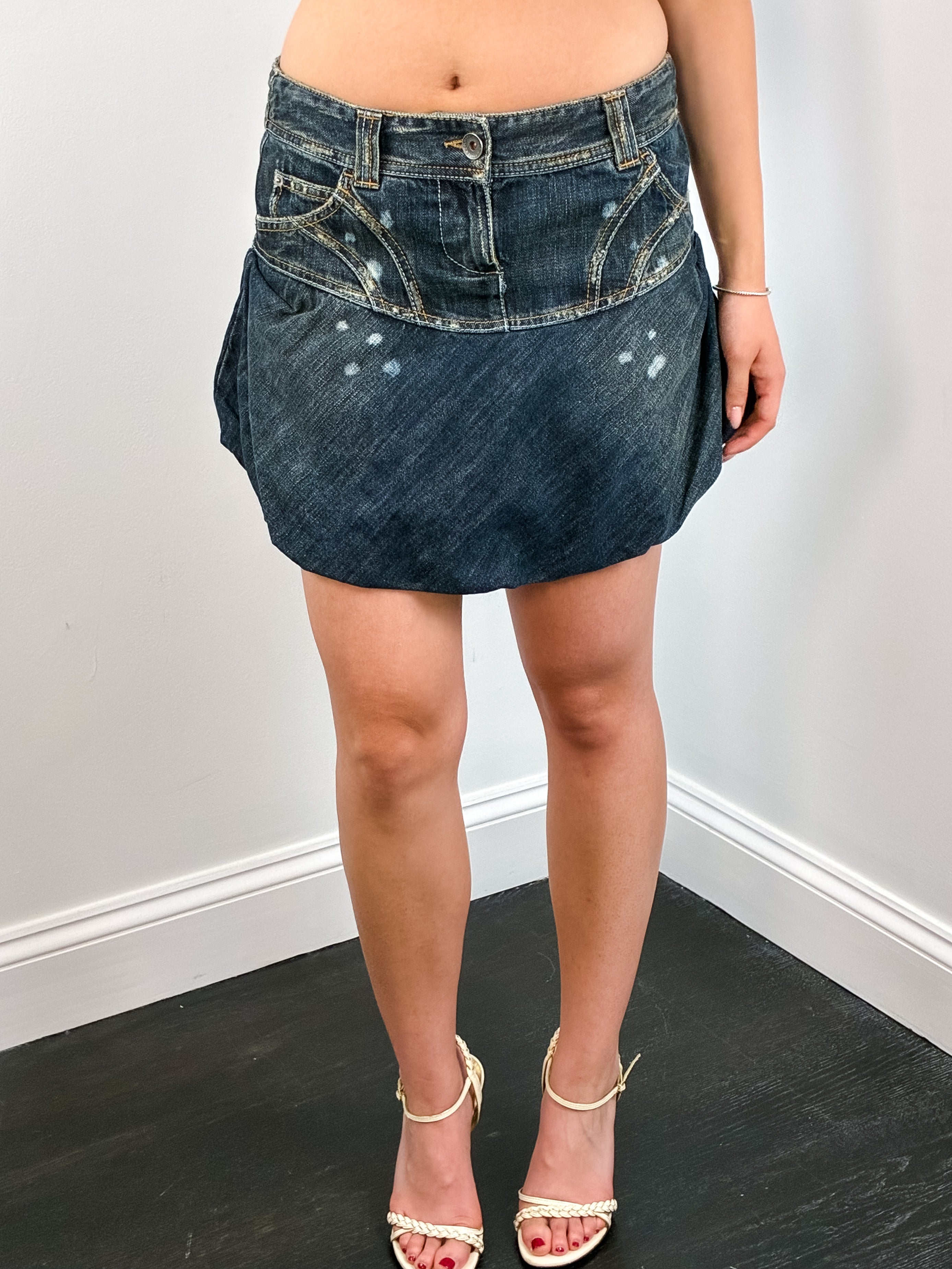 2000s Dark Denim Bleach Splatter Bubble Skirt - S
