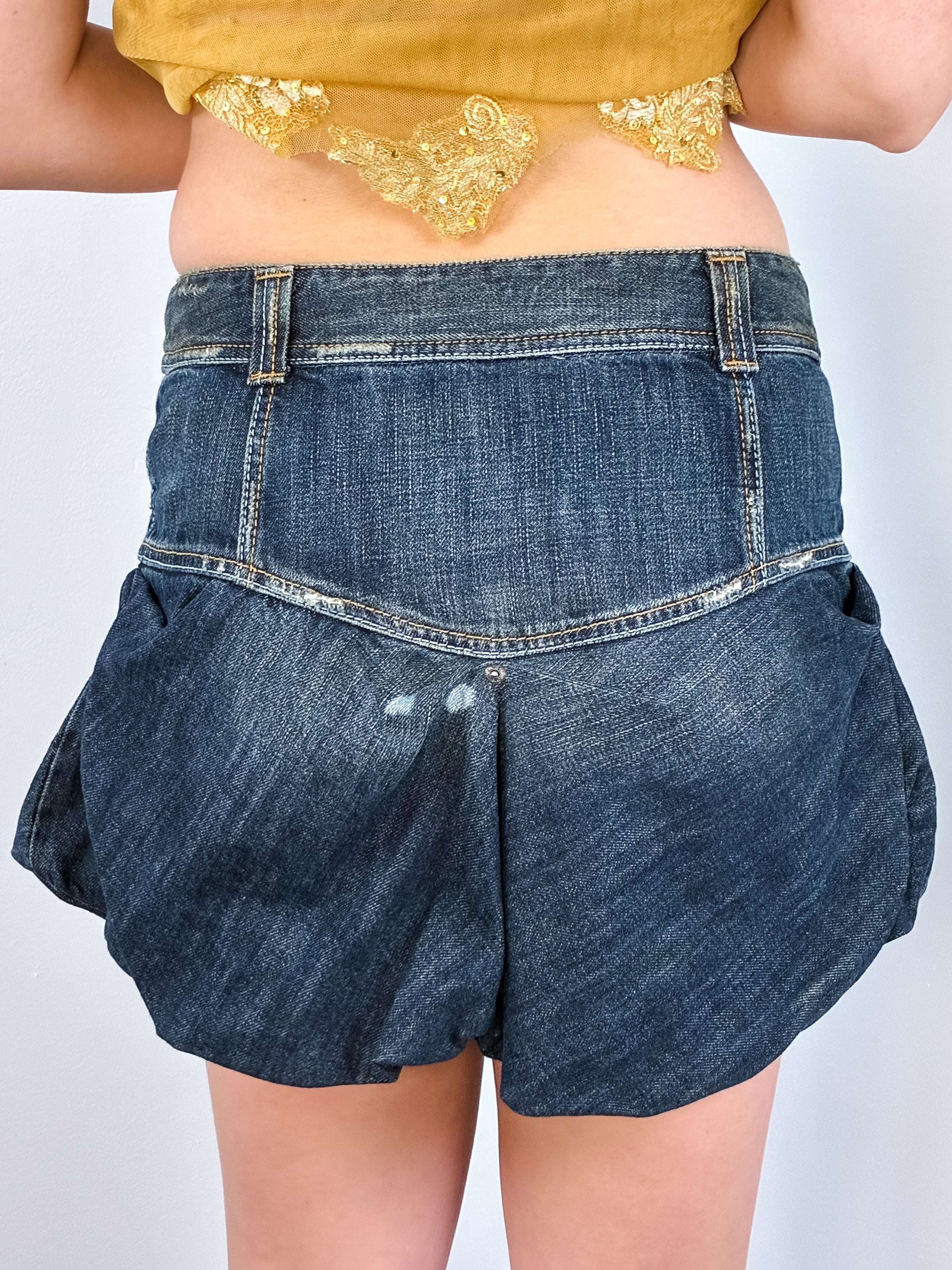 2000s Dark Denim Bleach Splatter Bubble Skirt - S