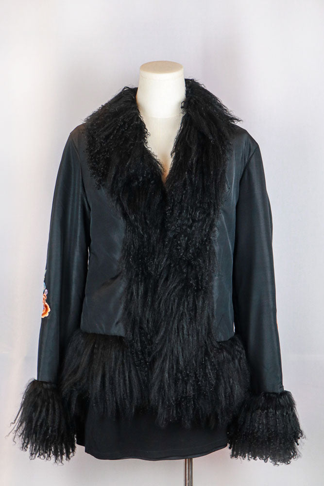 2000s Black Silk Floral Embroidered Jacket with Fur Trim