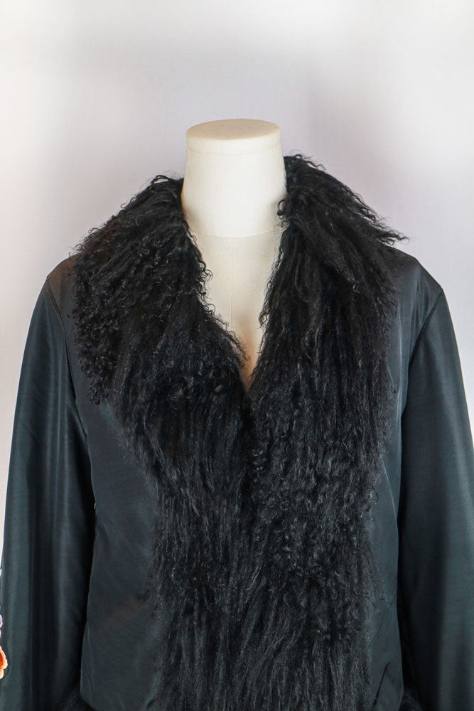2000s Black Silk Floral Embroidered Jacket with Fur Trim