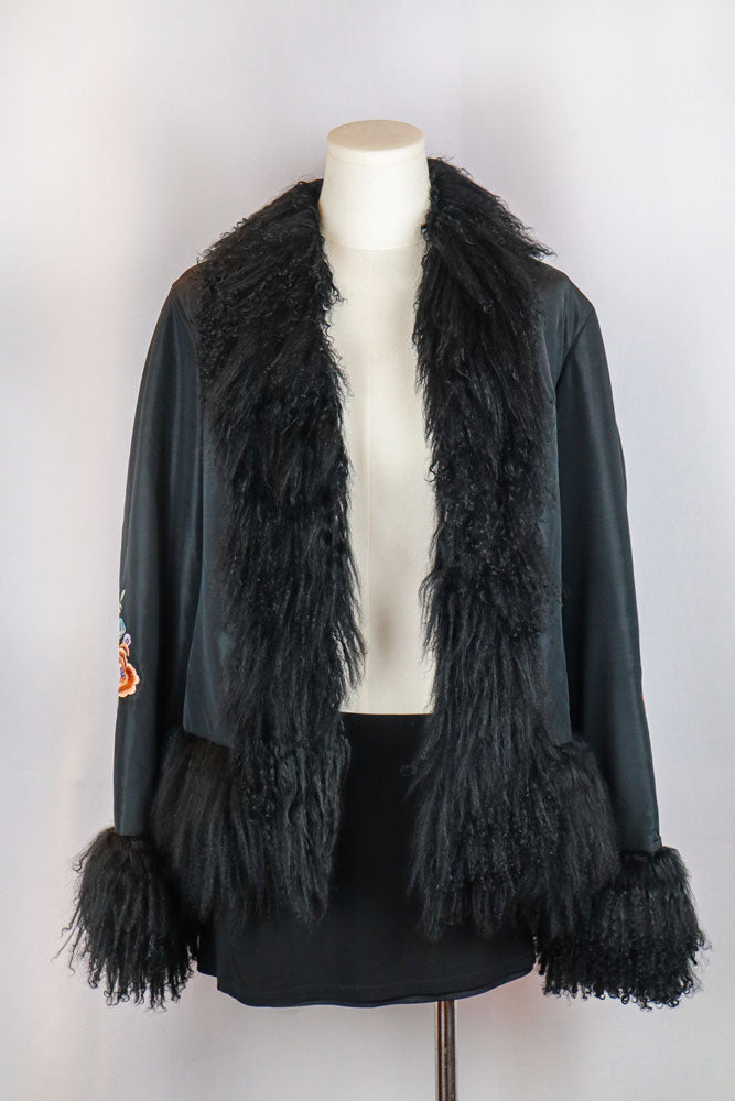 2000s Black Silk Floral Embroidered Jacket with Fur Trim