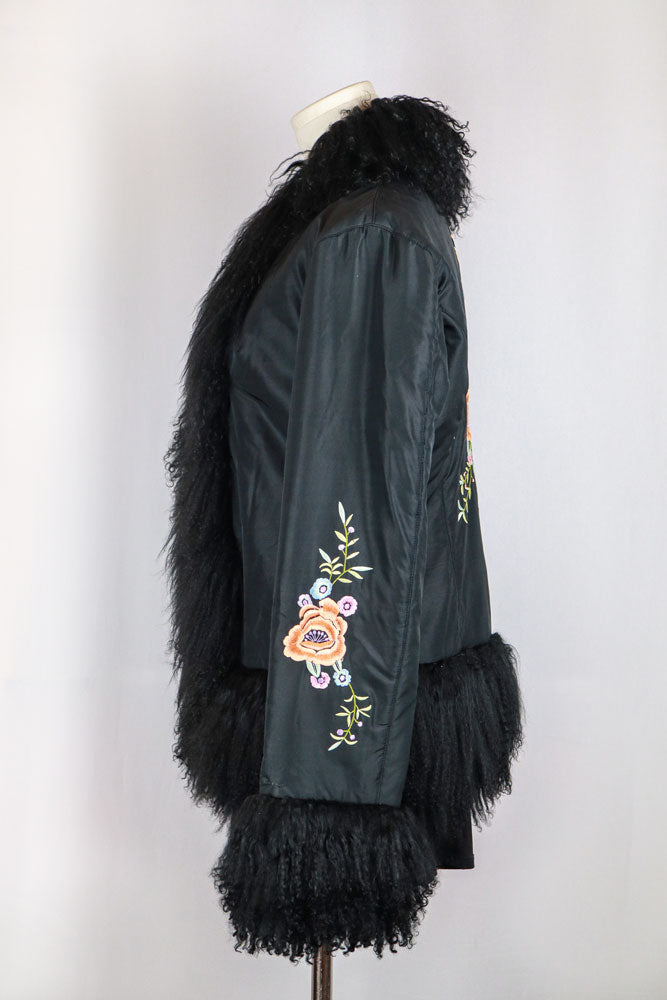 2000s Black Silk Floral Embroidered Jacket with Fur Trim
