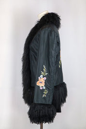 2000s Black Silk Floral Embroidered Jacket with Fur Trim