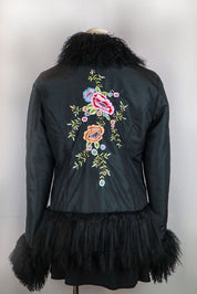 2000s Black Silk Floral Embroidered Jacket with Fur Trim