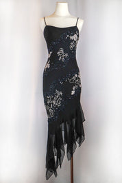 Italian 2000s Black Silk Beaded Asymmetrical Dress
