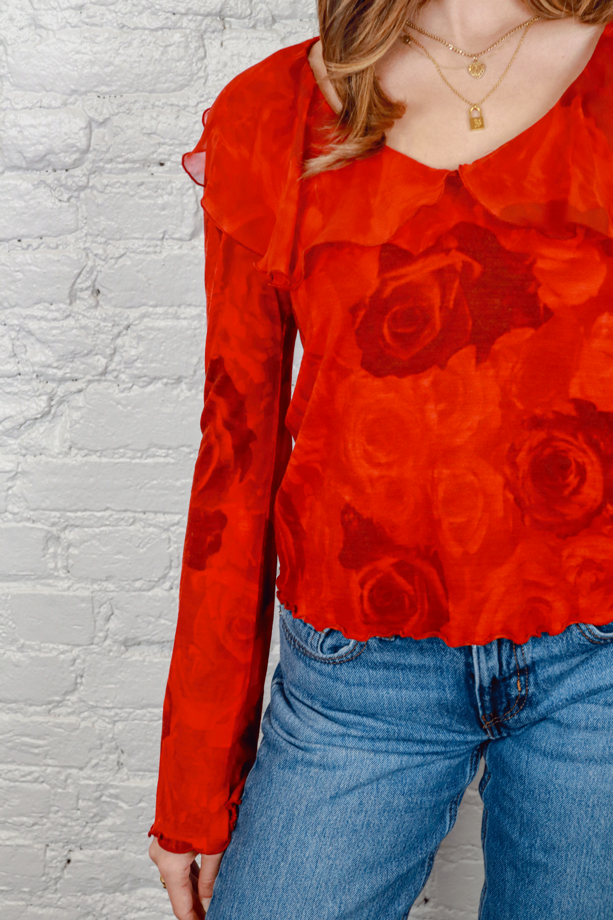 Just Cavalli Red Sheer Rose Blouse