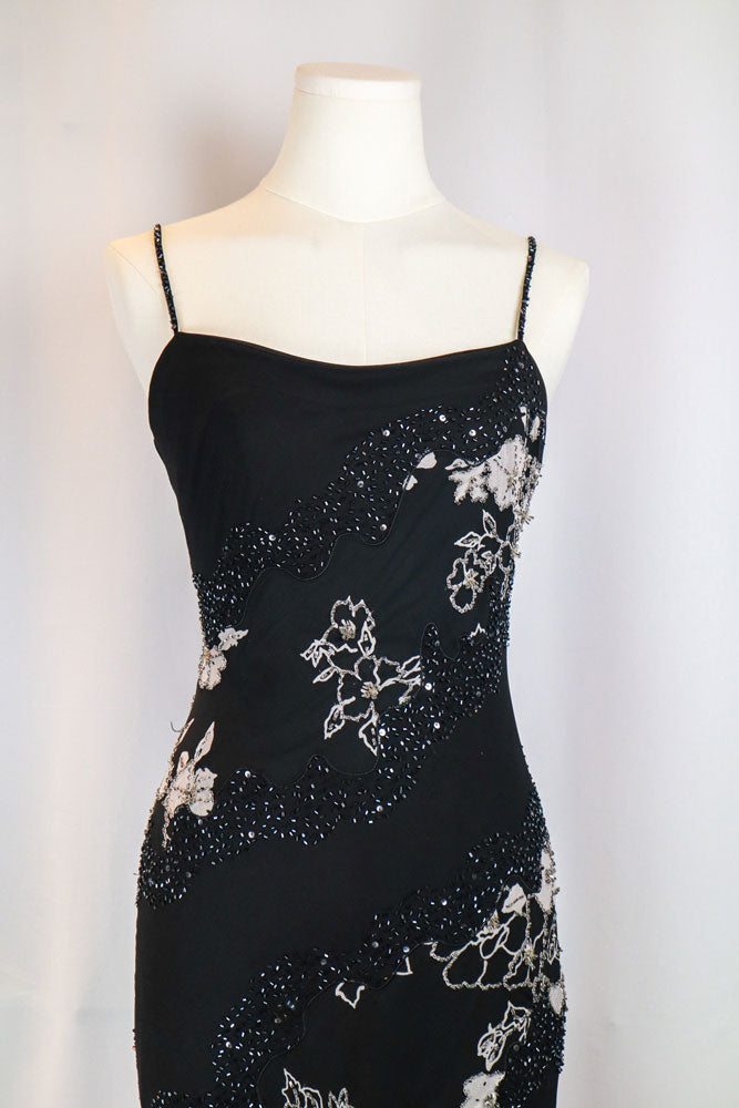Italian 2000s Black Silk Beaded Asymmetrical Dress
