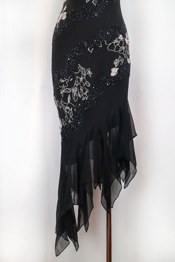 Italian 2000s Black Silk Beaded Asymmetrical Dress