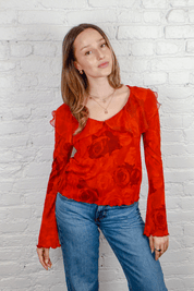 Just Cavalli Red Sheer Rose Blouse