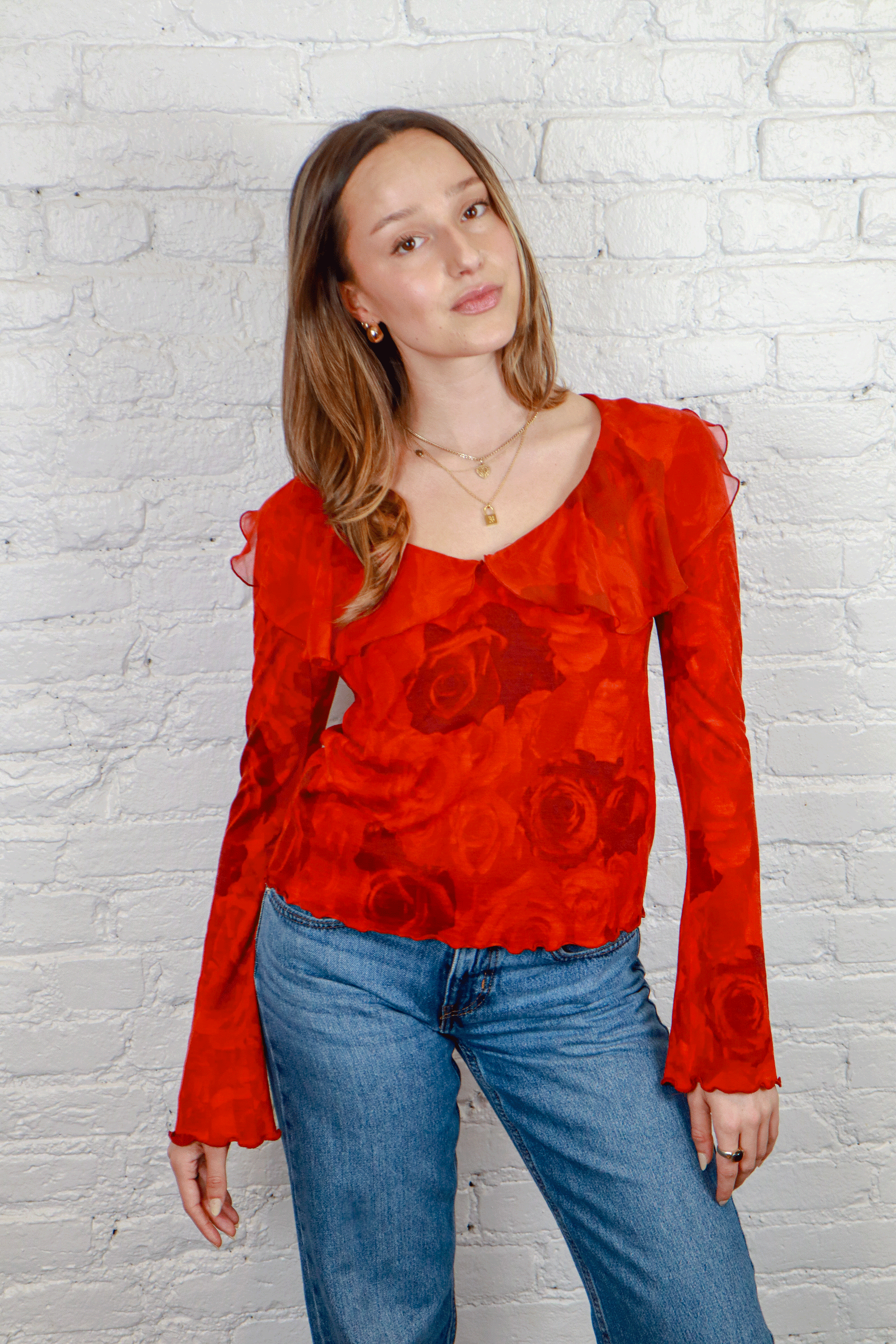 Just Cavalli Red Sheer Rose Blouse